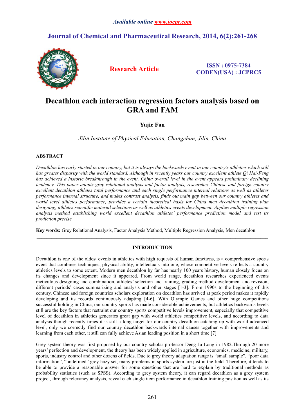 Decathlon Each Interaction Regression Factors Analysis Based on GRA and FAM