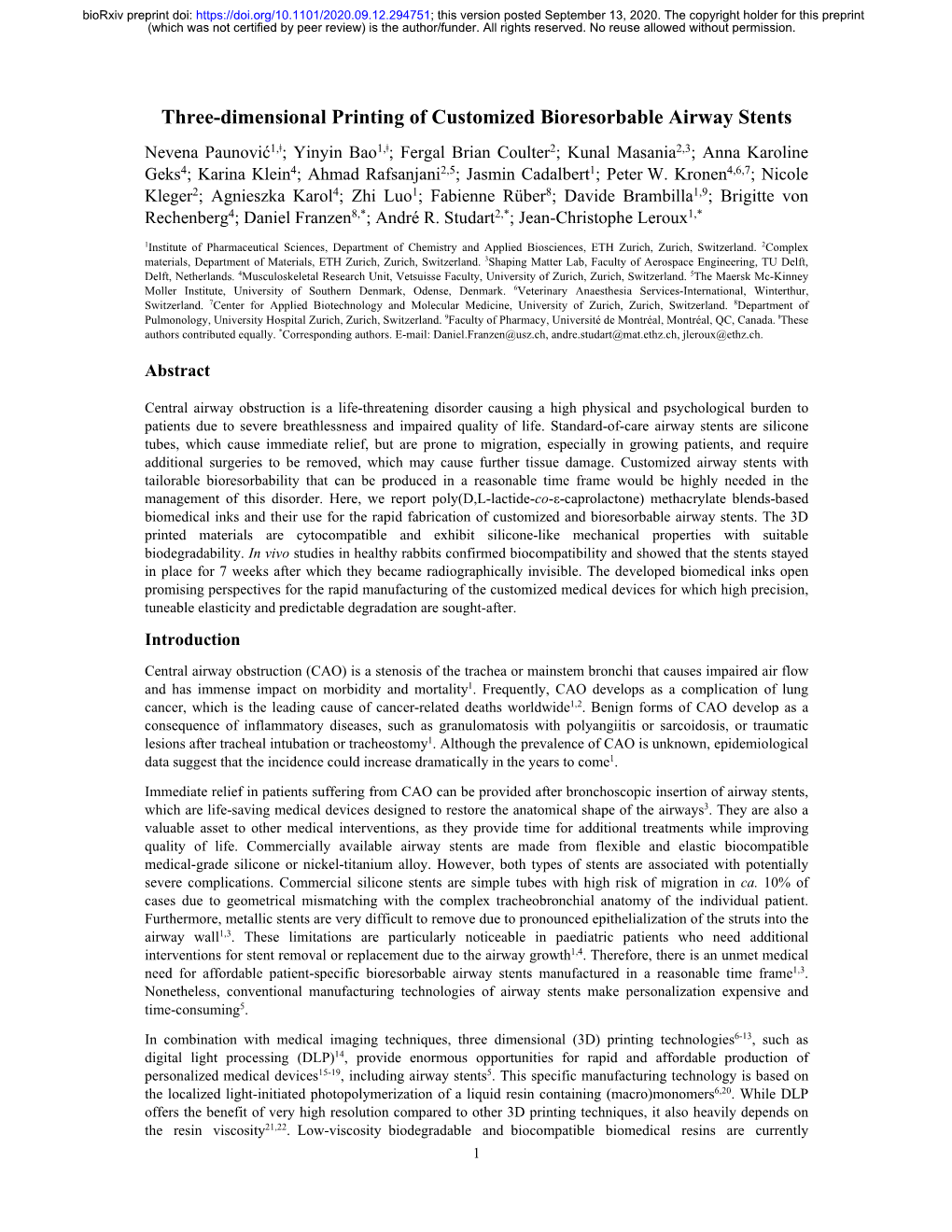 Three-Dimensional Printing of Customized Bioresorbable Airway