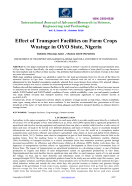 Effect of Transport Facilities on Farm Crops Wastage in OYO State, Nigeria