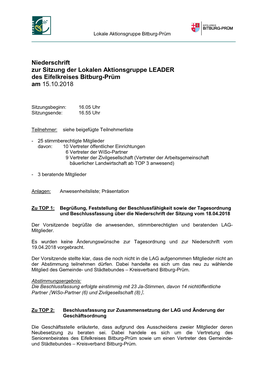 Niederschrift Zur Sitzung Der Lokalen Aktionsgruppe LEADER Des Eifelkreises Bitburg-Prüm Am 15.10.2018