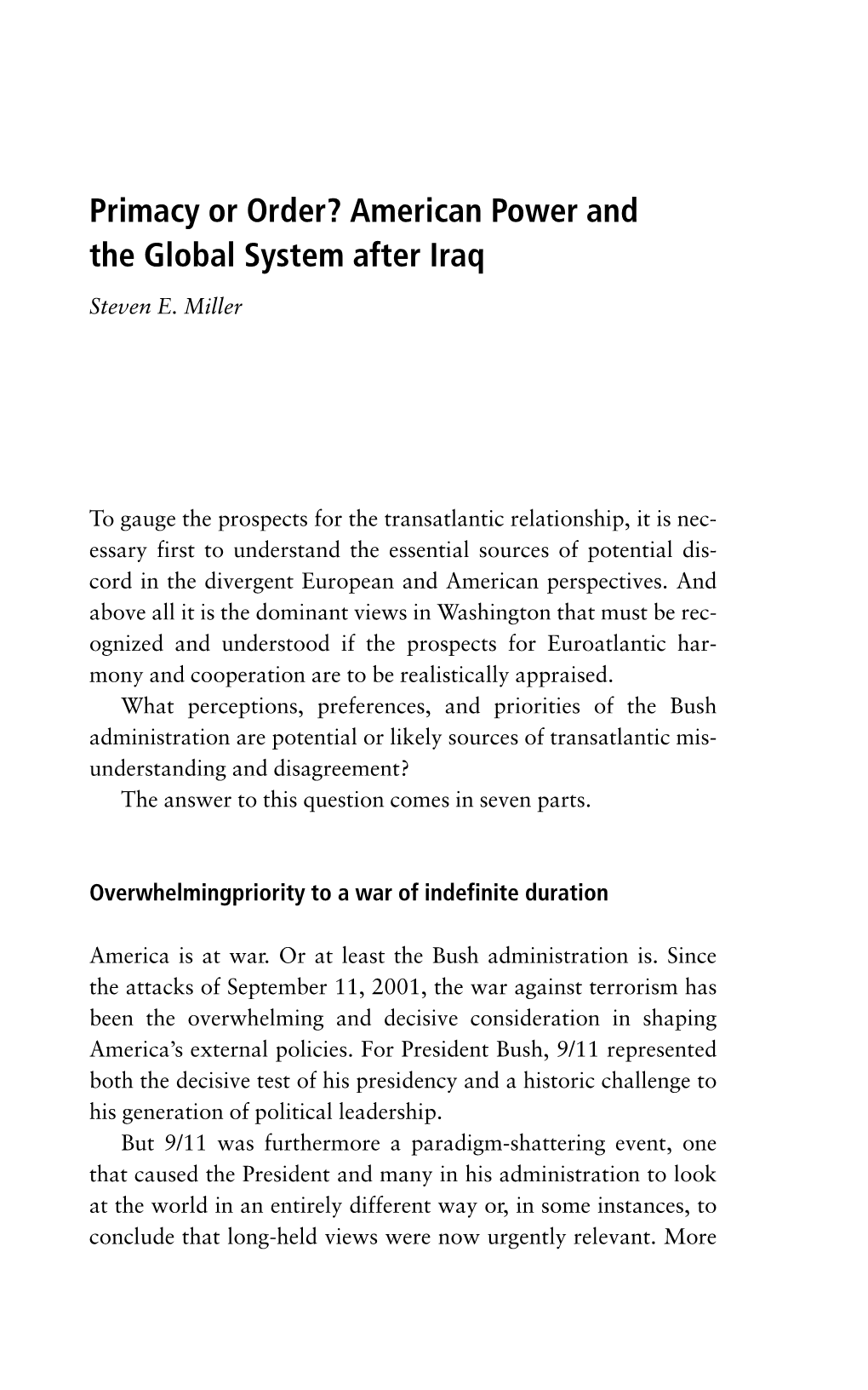 Primacy Or Order? American Power and the Global System After Iraq