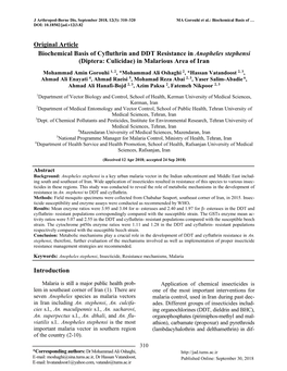 Original Article Biochemical Basis of Cyfluthrin and DDT Resistance in Anopheles Stephensi (Diptera: Culicidae) in Malarious Area of Iran