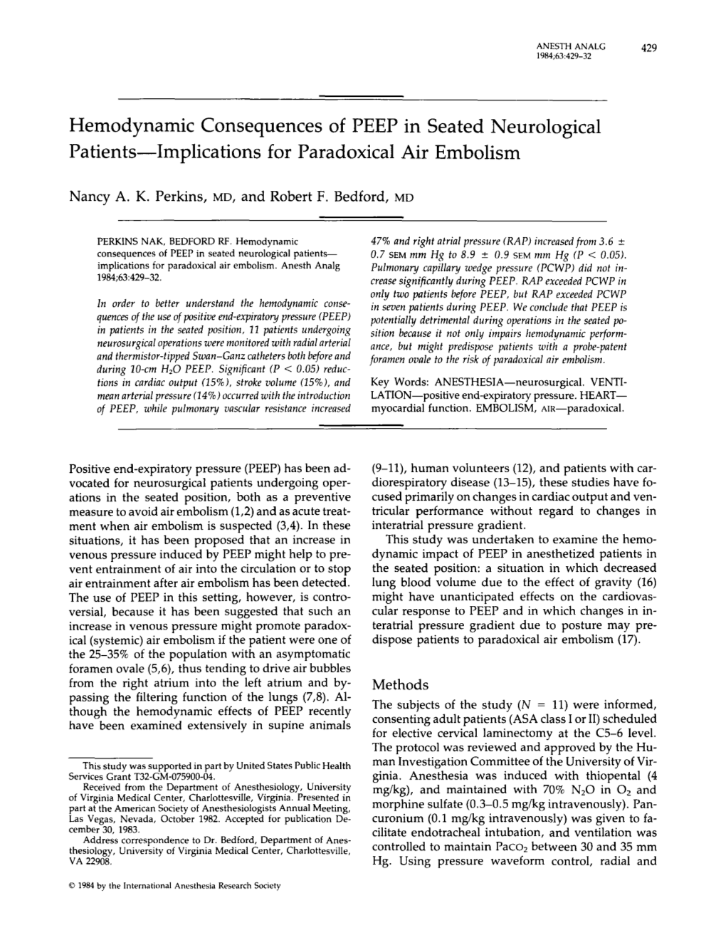 Hemodynamic Consequences of PEEP in Seated Neurological Patients-Implications for Paradoxical Air Embolism