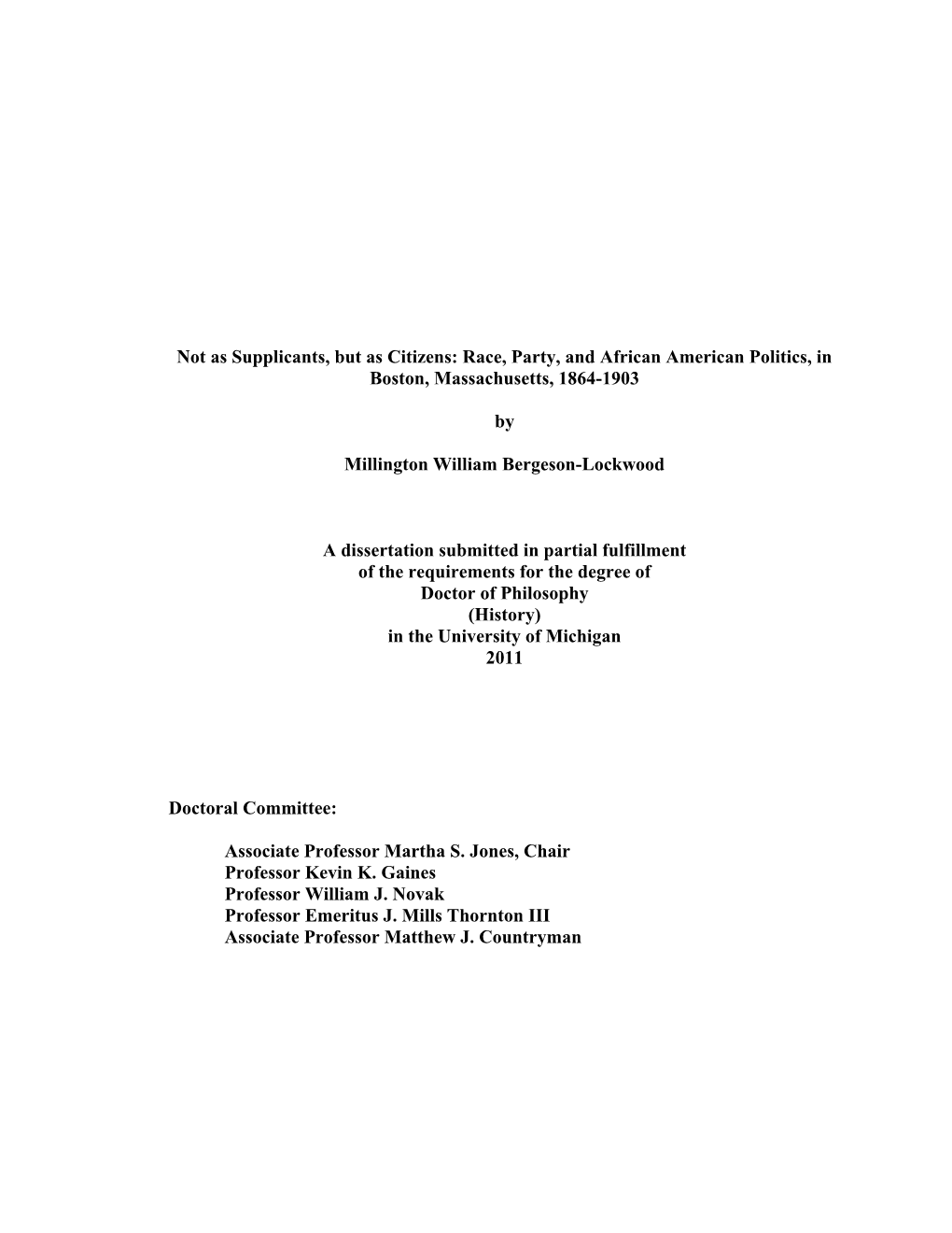 Race, Party, and African American Politics, in Boston, Massachusetts, 1864-1903