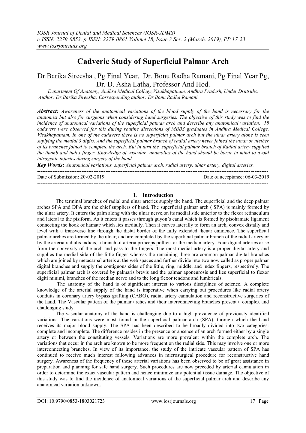 Cadveric Study of Superficial Palmar Arch