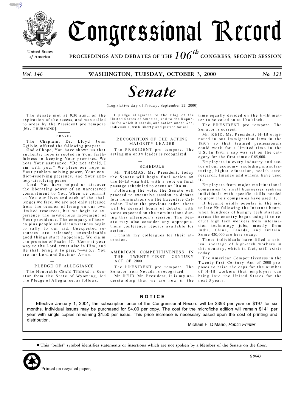 Senate (Legislative Day of Friday, September 22, 2000)