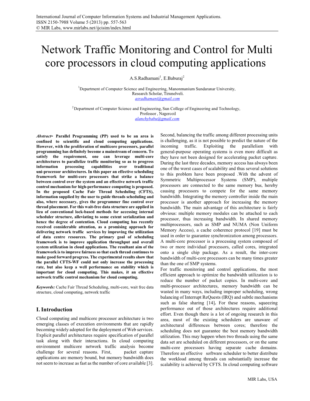 Network Traffic Monitoring and Control for Multi Core Processors in Cloud Computing Applications