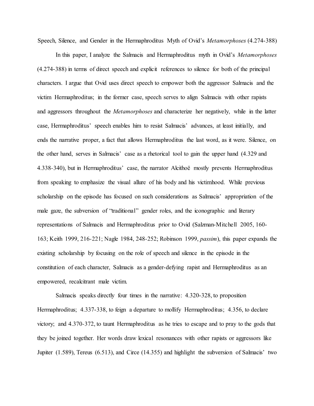 Speech, Silence, and Gender in the Hermaphroditus Myth of Ovid’S Metamorphoses (4.274-388)