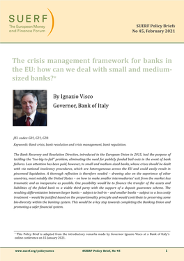 The Crisis Management Framework for Banks in the EU: How Can We Deal with Small and Medium- Sized Banks?*