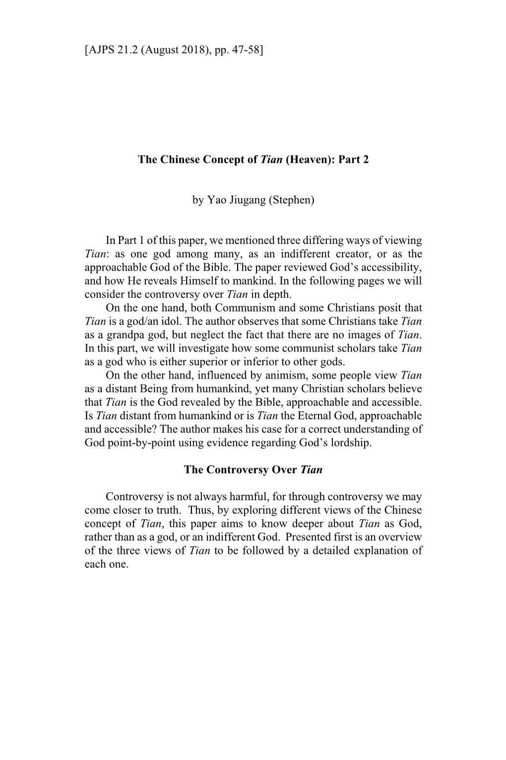 The Chinese Concept of Tian (Heaven): Part 2 by Yao Jiugang