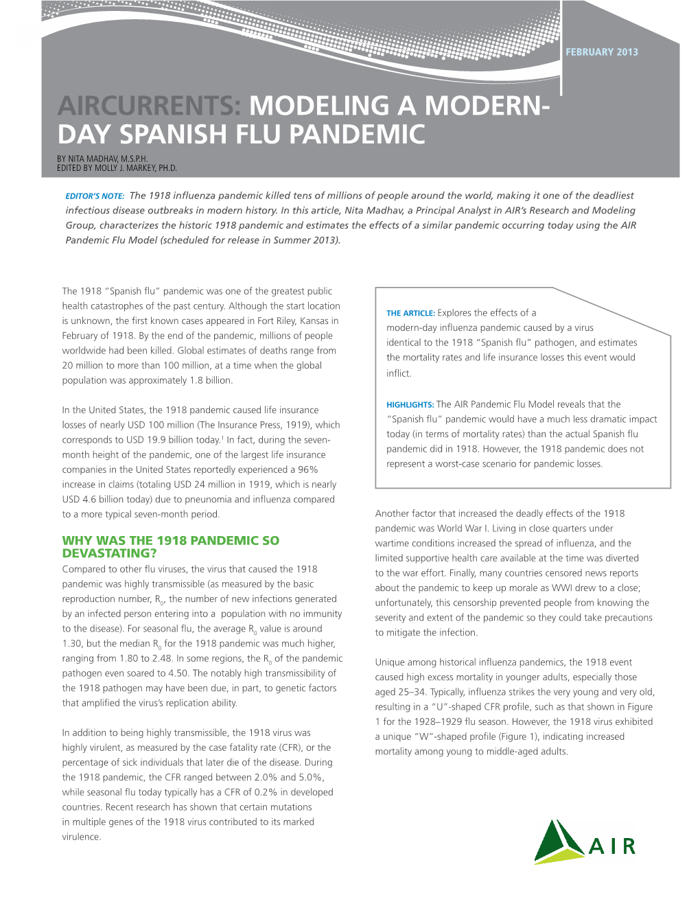 AIRCURRENTS: Modeling a Modern- Day Spanish Flu Pandemic