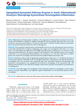 Upregulated Kynurenine Pathway Enzymes in Aortic Atherosclerotic Aneurysm: Macrophage Kynureninase Downregulates Inflammation