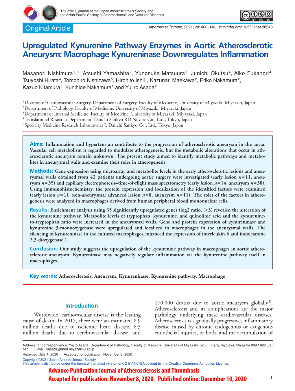 Upregulated Kynurenine Pathway Enzymes in Aortic Atherosclerotic Aneurysm: Macrophage Kynureninase Downregulates Inflammation
