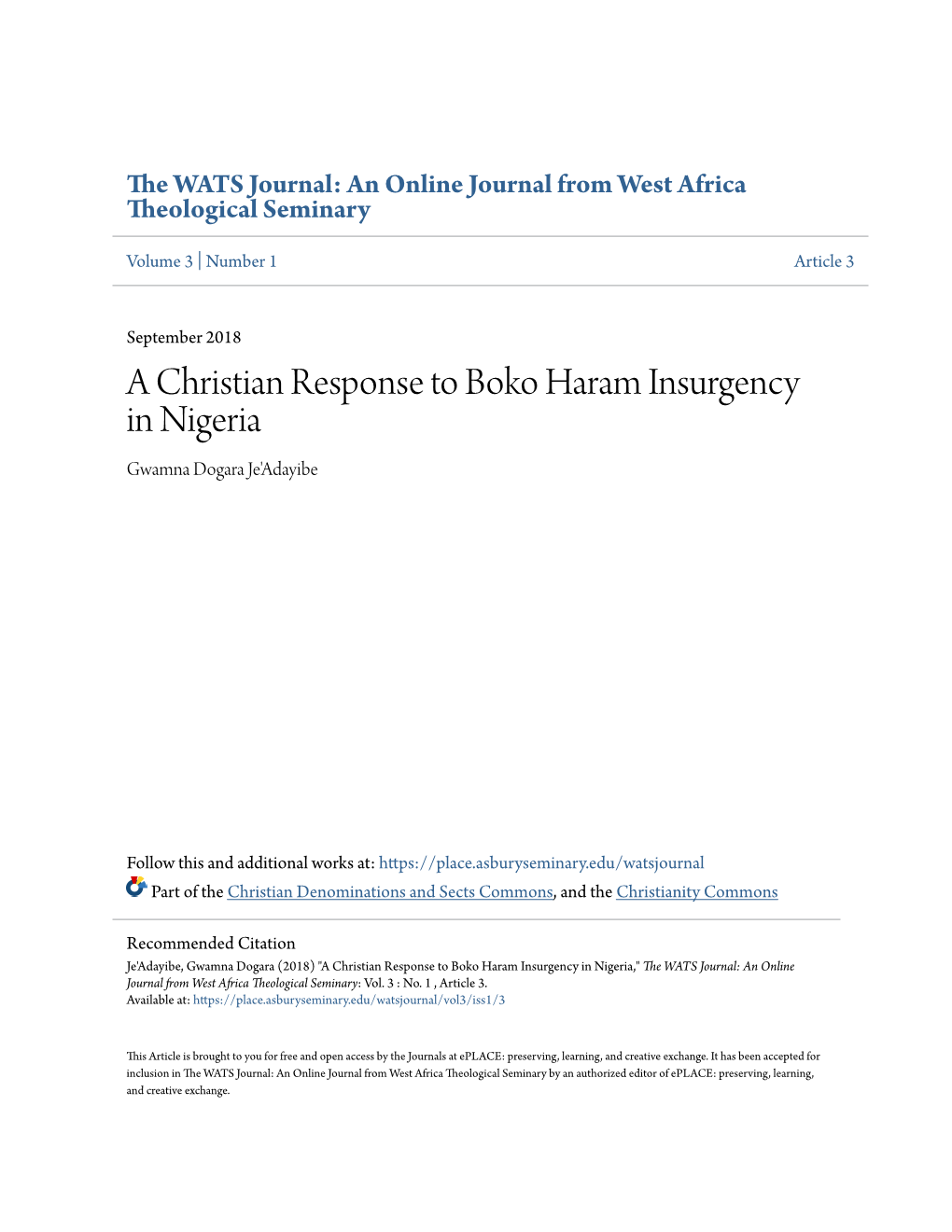 A Christian Response to Boko Haram Insurgency in Nigeria Gwamna Dogara Je'adayibe
