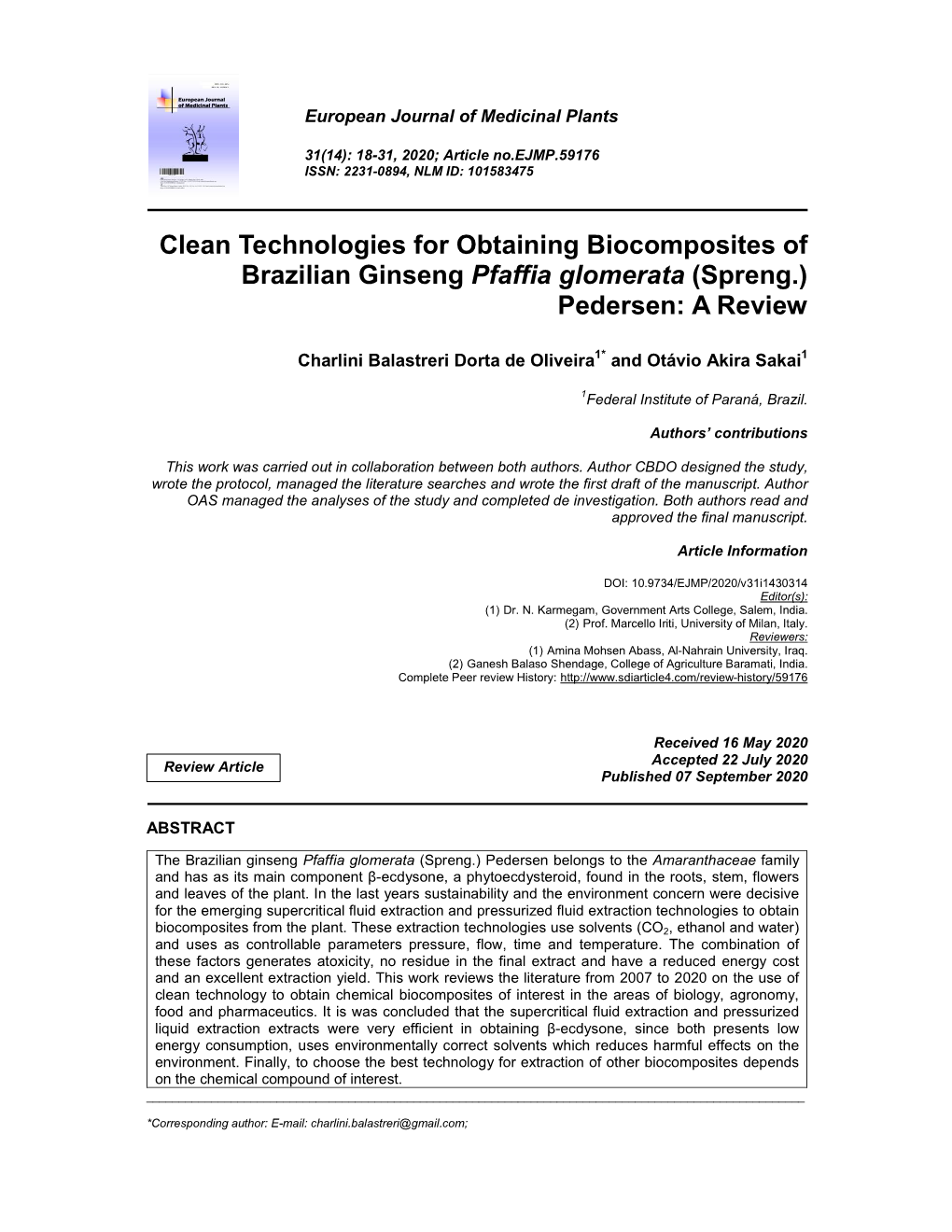 Clean Technologies for Obtaining Biocomposites of Brazilian Ginseng Pfaffia Glomerata (Spreng.) Pedersen: a Review