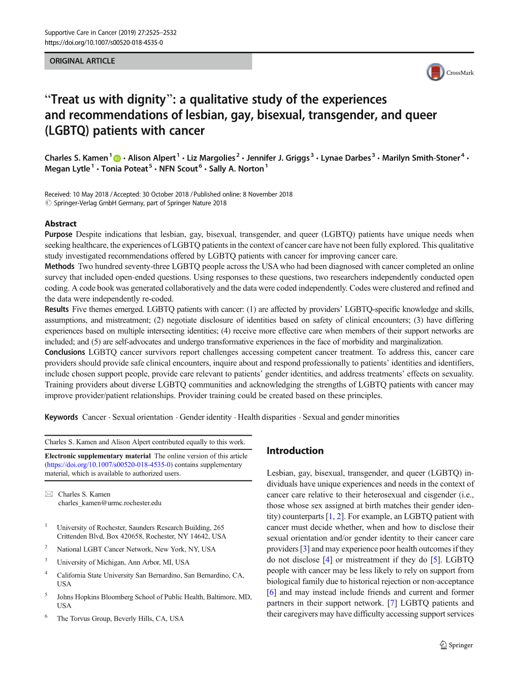 A Qualitative Study of the Experiences and Recommendations of Lesbian, Gay, Bisexual, Transgender, and Queer (LGBTQ) Patients with Cancer