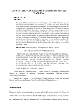 Low Cost Carrier in China and Its Contribution to Passenger Traffic Flow