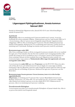 Lägesrapport Flyktingsituationen, Avesta Kommun Februari 2021