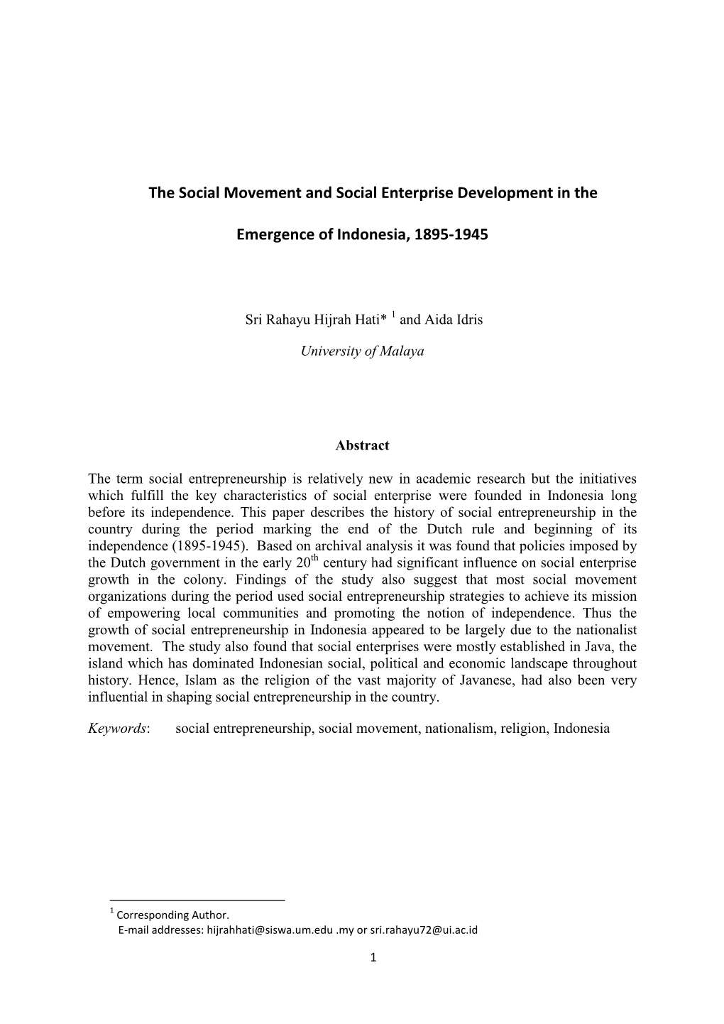 The Social Movement and Social Enterprise Development in the Emergence of Indonesia, 1895-1945
