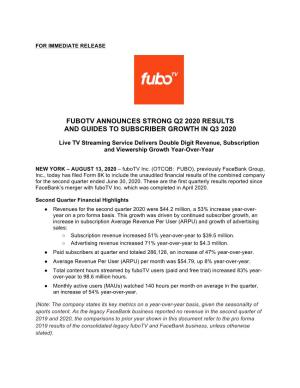 Fubotv Announces Strong Q2 2020 Results and Guides to Subscriber Growth in Q3 2020