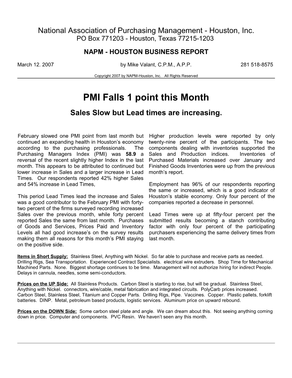 NAPM - Houston, Inc. Business Report February 2007