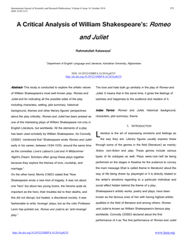 A Critical Analysis of William Shakespeare's: Romeo and Juliet