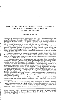 Ecology of the Aquatic Box Turtle, Terrapene Coahuila (Chelonia, Emydidae), in Northern Mexico