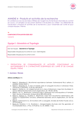 Produits Et Activités De La Recherche Equipe I : Géométrie Et Topologie