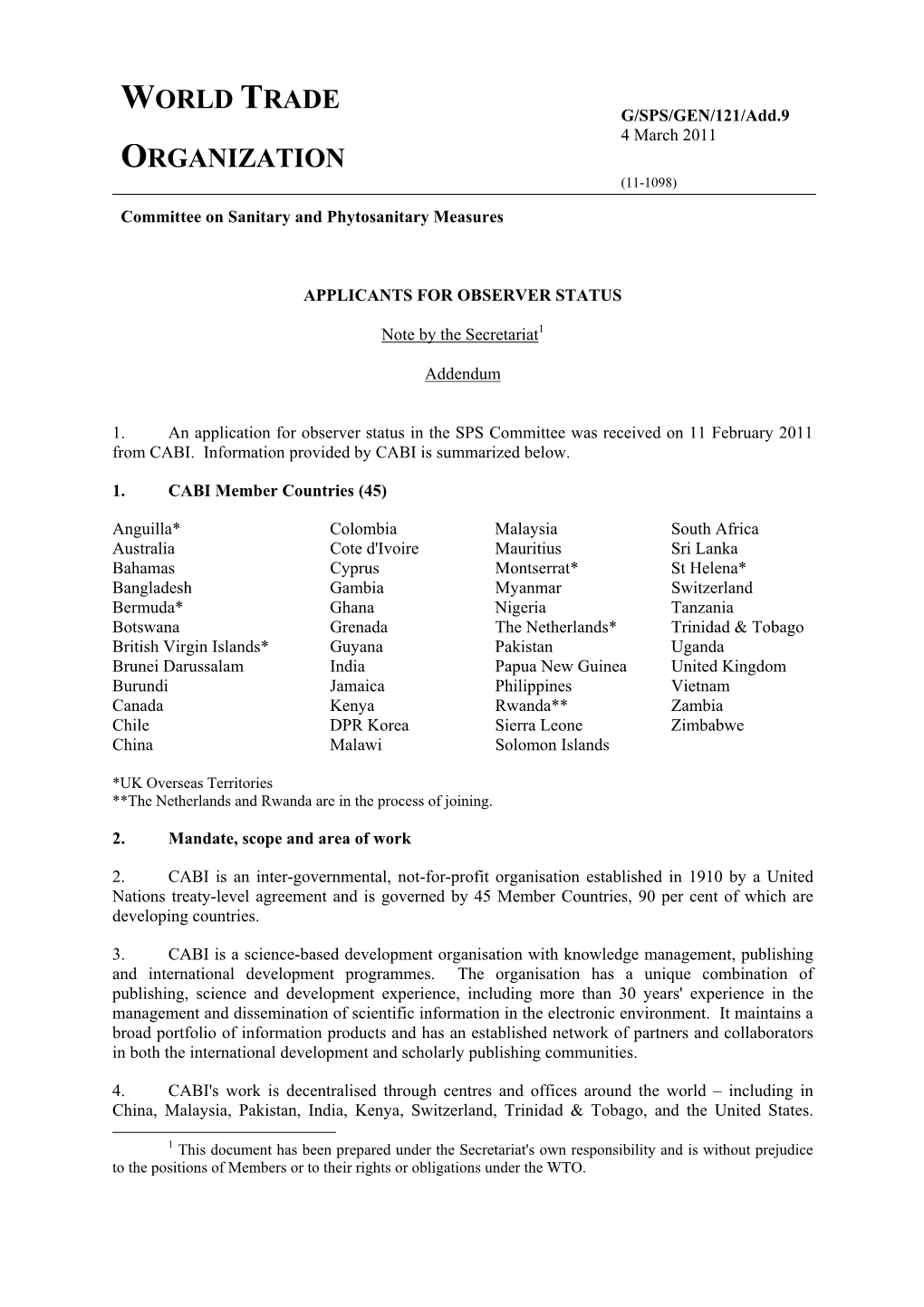 G/SPS/GEN/121/Add.9 4 March 2011 ORGANIZATION (11-1098) Committee on Sanitary and Phytosanitary Measures