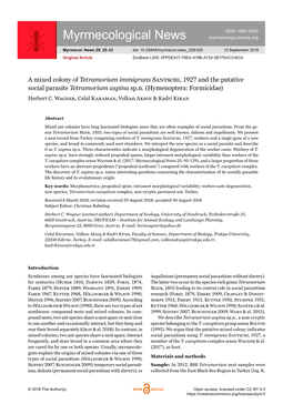 A Mixed Colony of Tetramorium Immigrans Santschi, 1927 and the Putative Social Parasite Tetramorium Aspina Sp.N