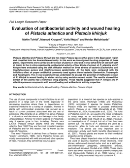 Evaluation of Antibacterial Activity and Wound Healing of Pistacia Atlantica and Pistacia Khinjuk