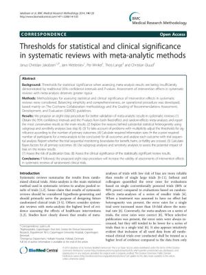 Thresholds for Statistical and Clinical Significance in Systematic Reviews with Meta-Analytic Methods