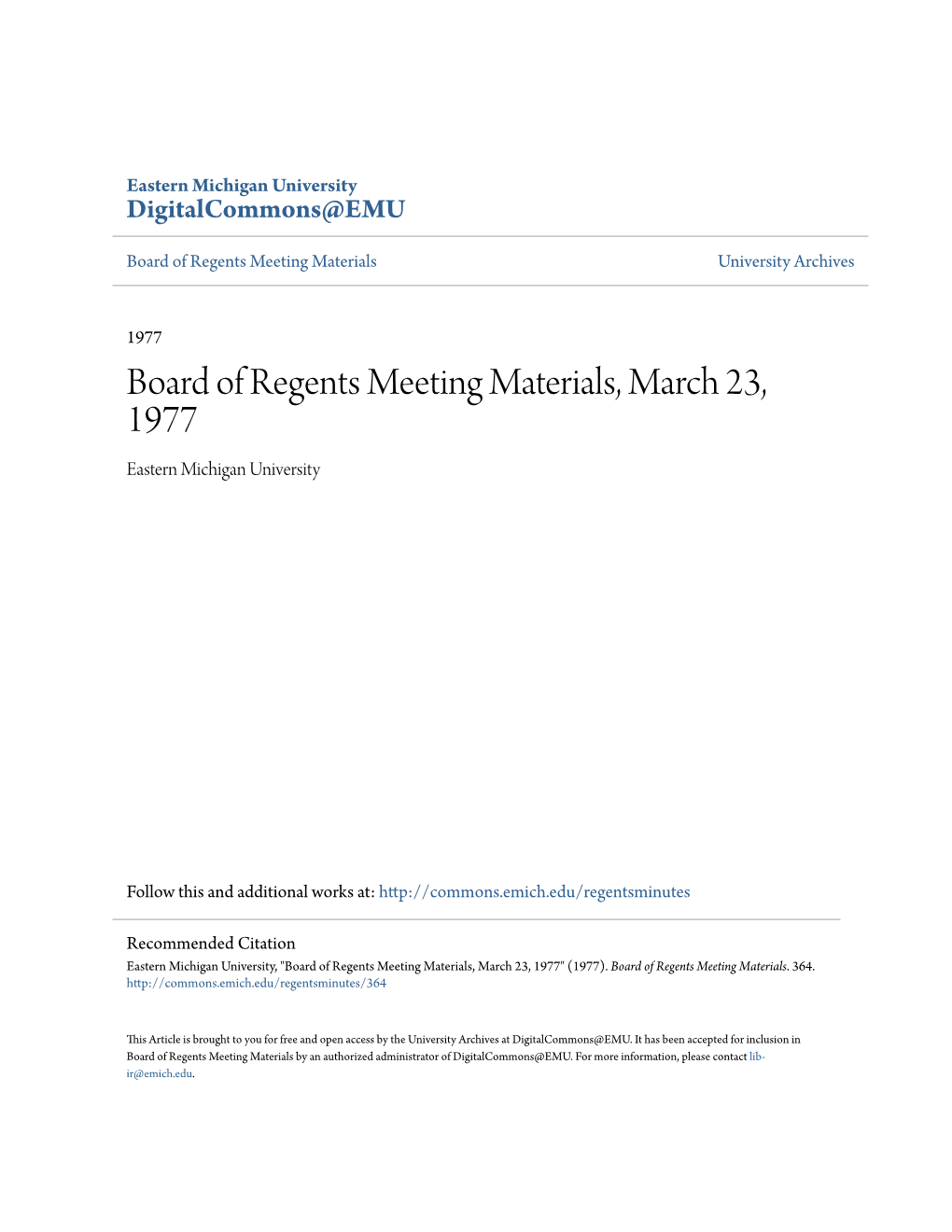 Board of Regents Meeting Materials, March 23, 1977 Eastern Michigan University