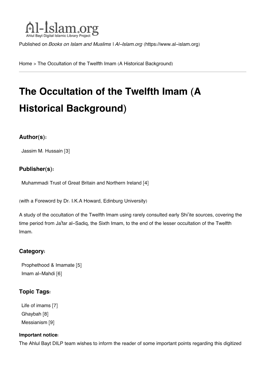 The Occultation of the Twelfth Imam (A Historical Background)