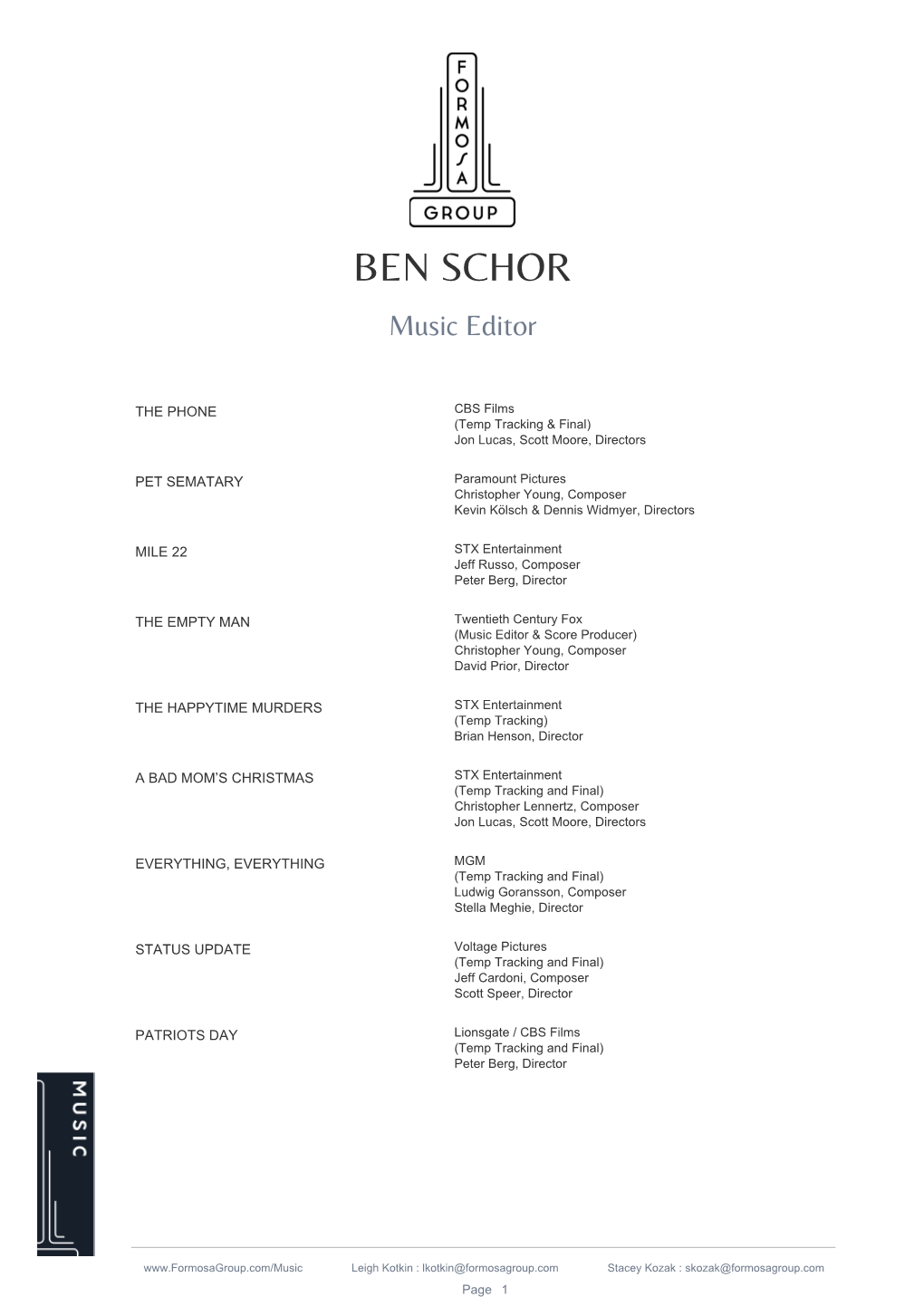 BEN SCHOR Music Editor