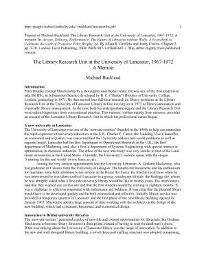The Library Research Unit at the University of Lancaster, 1967-1972: a Memoir