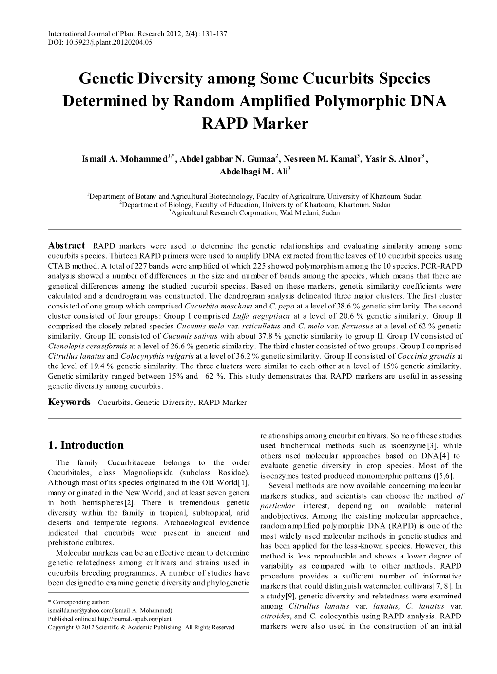 Genetic Diversity Among Some Cucurbits Species Determined by Random Amplified Polymorphic DNA RAPD Marker