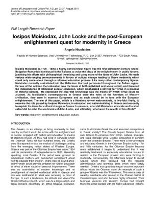 Iosipos Moisiodax, John Locke and the Post-European Enlightenment Quest for Modernity in Greece