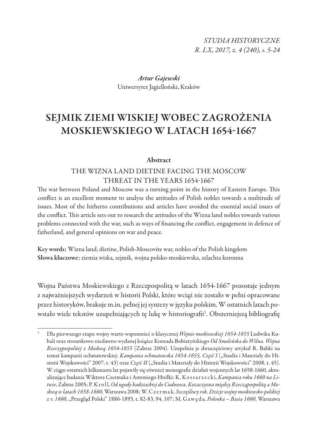 Sejmik Ziemi Wiskiej Wobec Zagrożenia Moskiewskiego W Latach 1654­‑1667