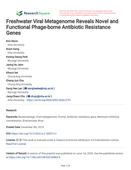 Freshwater Viral Metagenome Reveals Novel and Functional Phage-Borne Antibiotic Resistance Genes