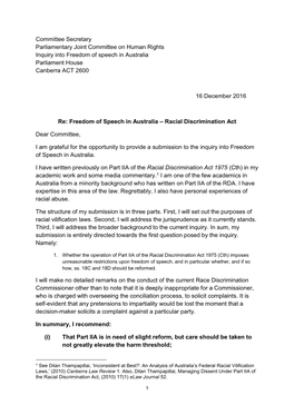 Committee Secretary Parliamentary Joint Committee on Human Rights Inquiry Into Freedom of Speech in Australia Parliament House Canberra ACT 2600