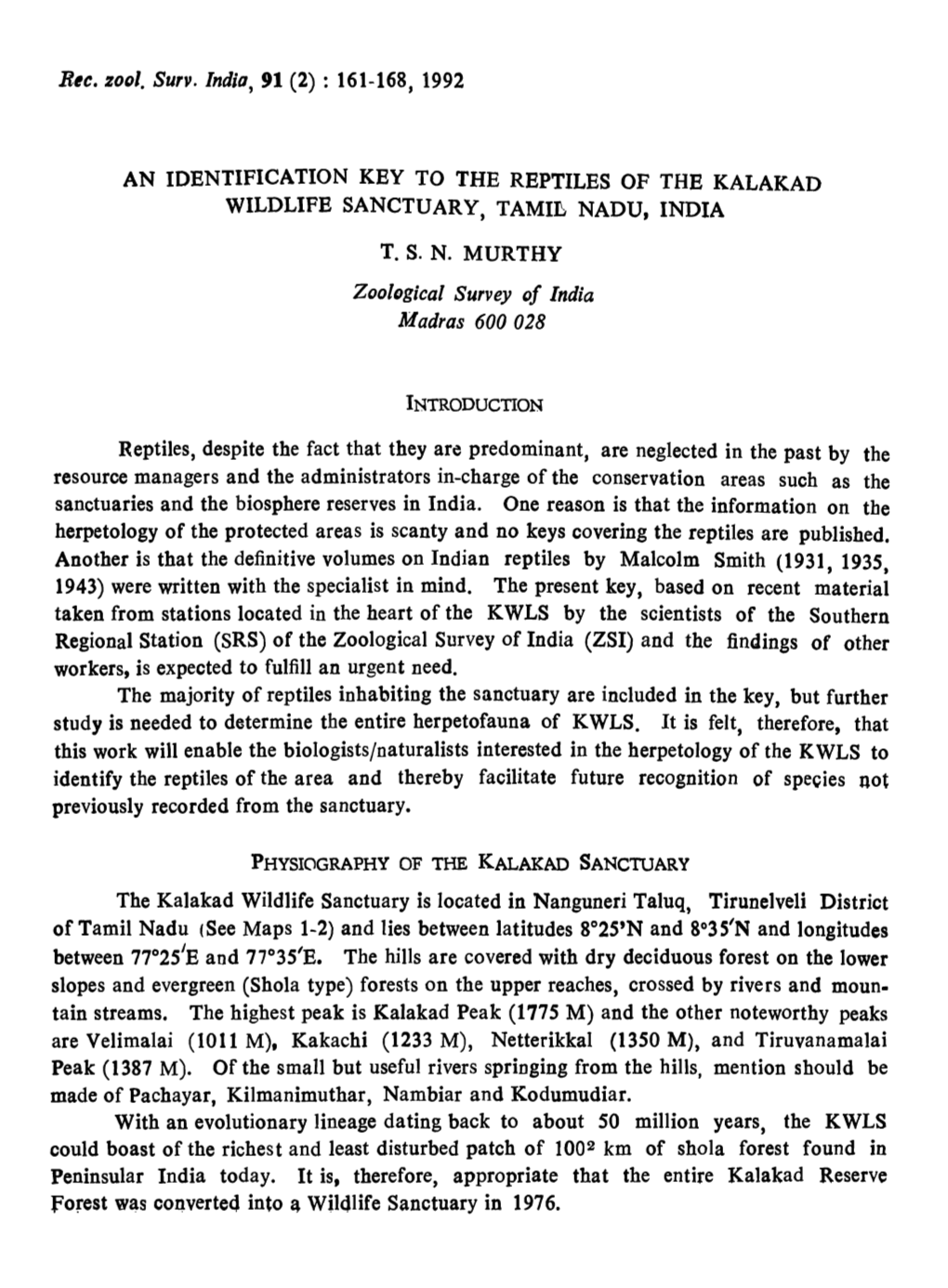 161-168, 1992 an Identification Key to the Reptiles of The