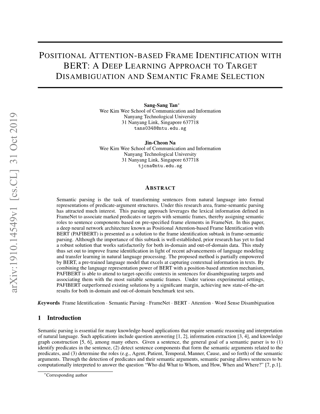 Positional Attention-Based Frame Identification with Bert: a Deep Learning Approachto Target Disambiguation and Semantic Frame Selection