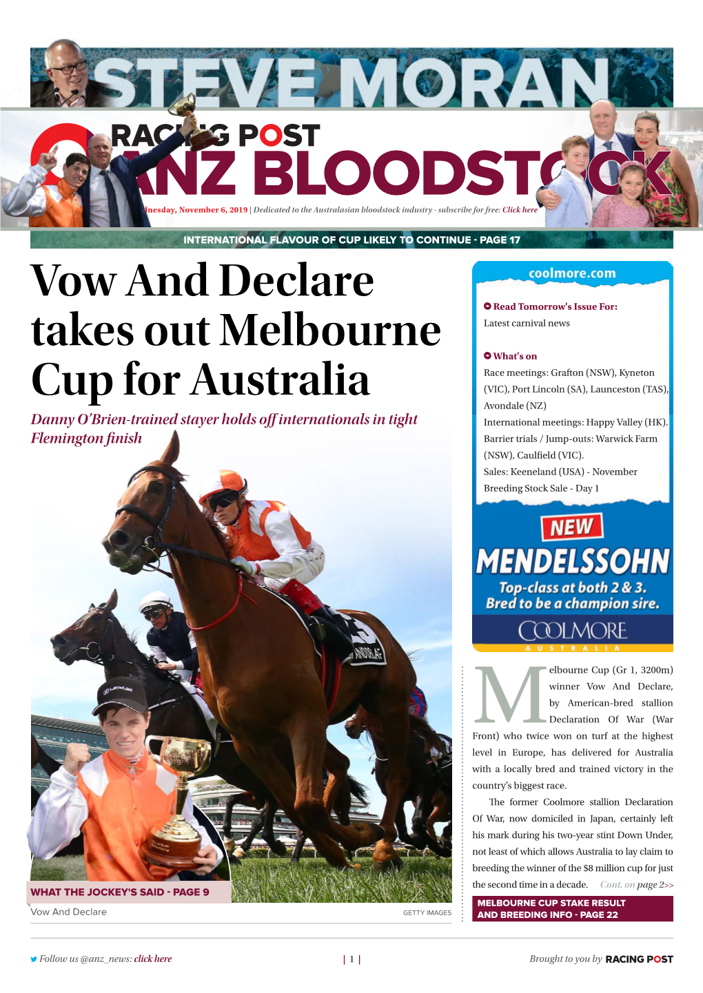 Vow and Declare Takes out Melbourne Cup for Australia | 2 | Wednesday, November 6, 2019