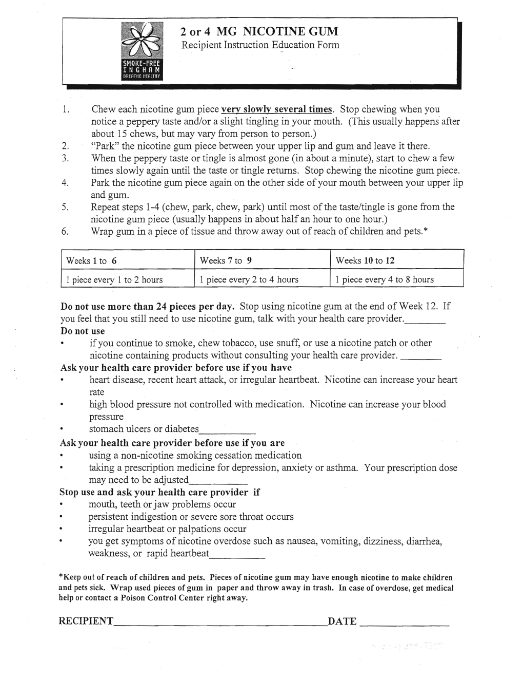 2 Or 4 MG NICOTINE GUM Recipient Instruction Education Form