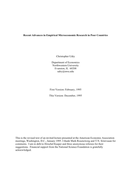 Recent Advances in Empirical Microeconomic Research in Poor Countries