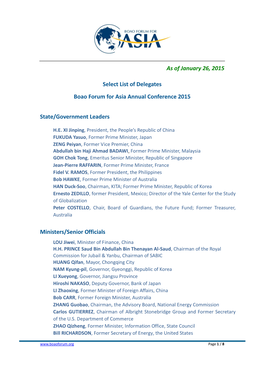 As of January 26, 2015 Select List of Delegates Boao Forum for Asia Annual Conference 2015 State/Government Leaders Ministers/Se