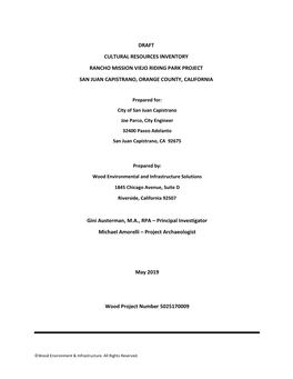 DRAFT CULTURAL RESOURCES INVENTORY RANCHO MISSION VIEJO RIDING PARK PROJECT SAN JUAN CAPISTRANO, ORANGE COUNTY, CALIFORNIA Gini