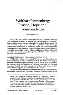 Wolfhart Pannenberg: Reason, Hope and Transcendence