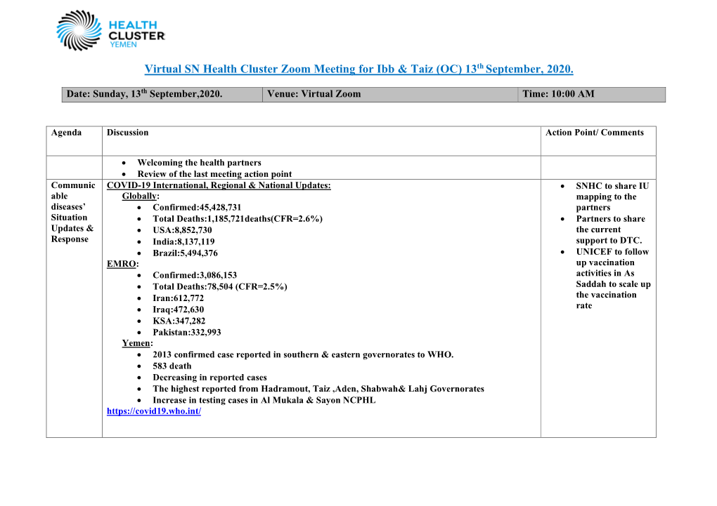 Virtual SN Health Cluster Zoom Meeting for Ibb & Taiz (OC) 13Th September, 2020